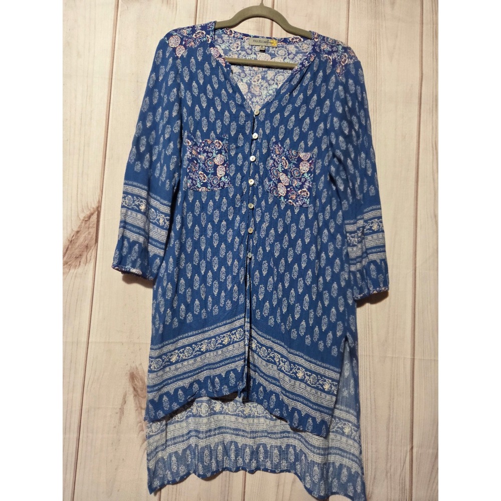 Figueroa & Flower Womens XL Blue Floral Paisley High Low Button Front Tunic Top